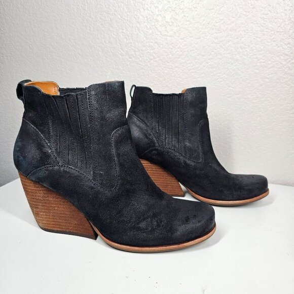 Kork-Ease‎ Verdelet Black Suede Leather Ankle Boots Wedge Block Heel Womens 9.5 - Picture 1 of 12